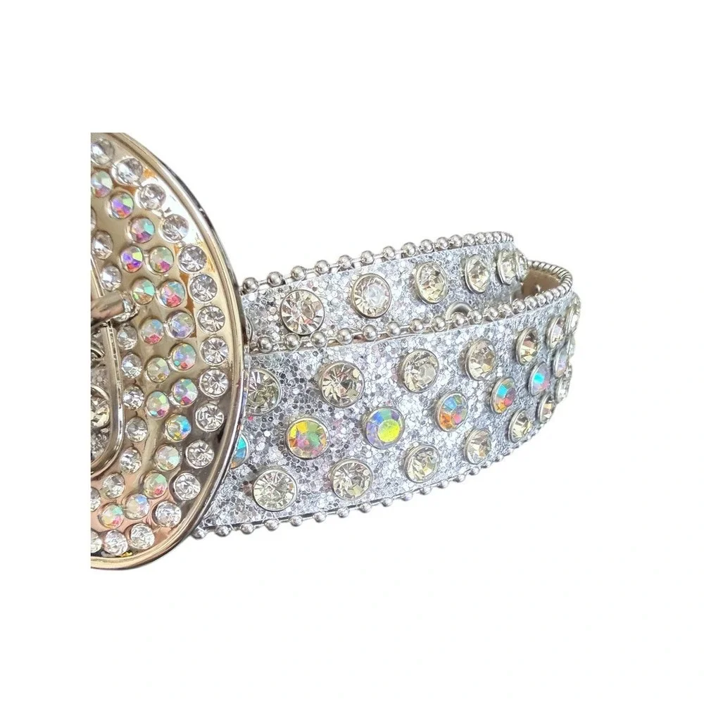 Silver Glitter Rhinestone Western Belt AB Crystal Bling Studded Y2K Glam 43